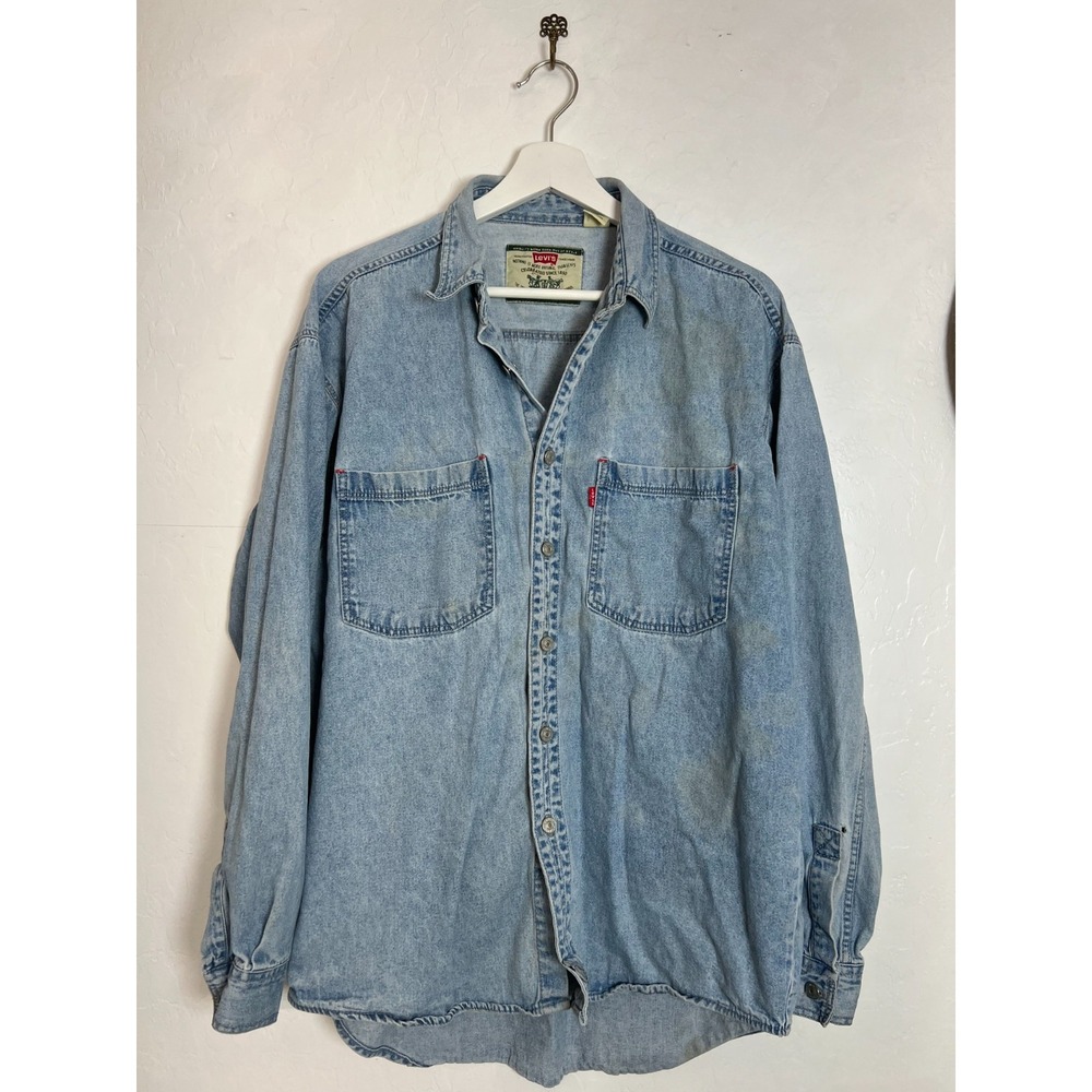 Vintage Levis Denim Shirt M Blue Chambray Button Down Two Horse Red Tab 90s Work